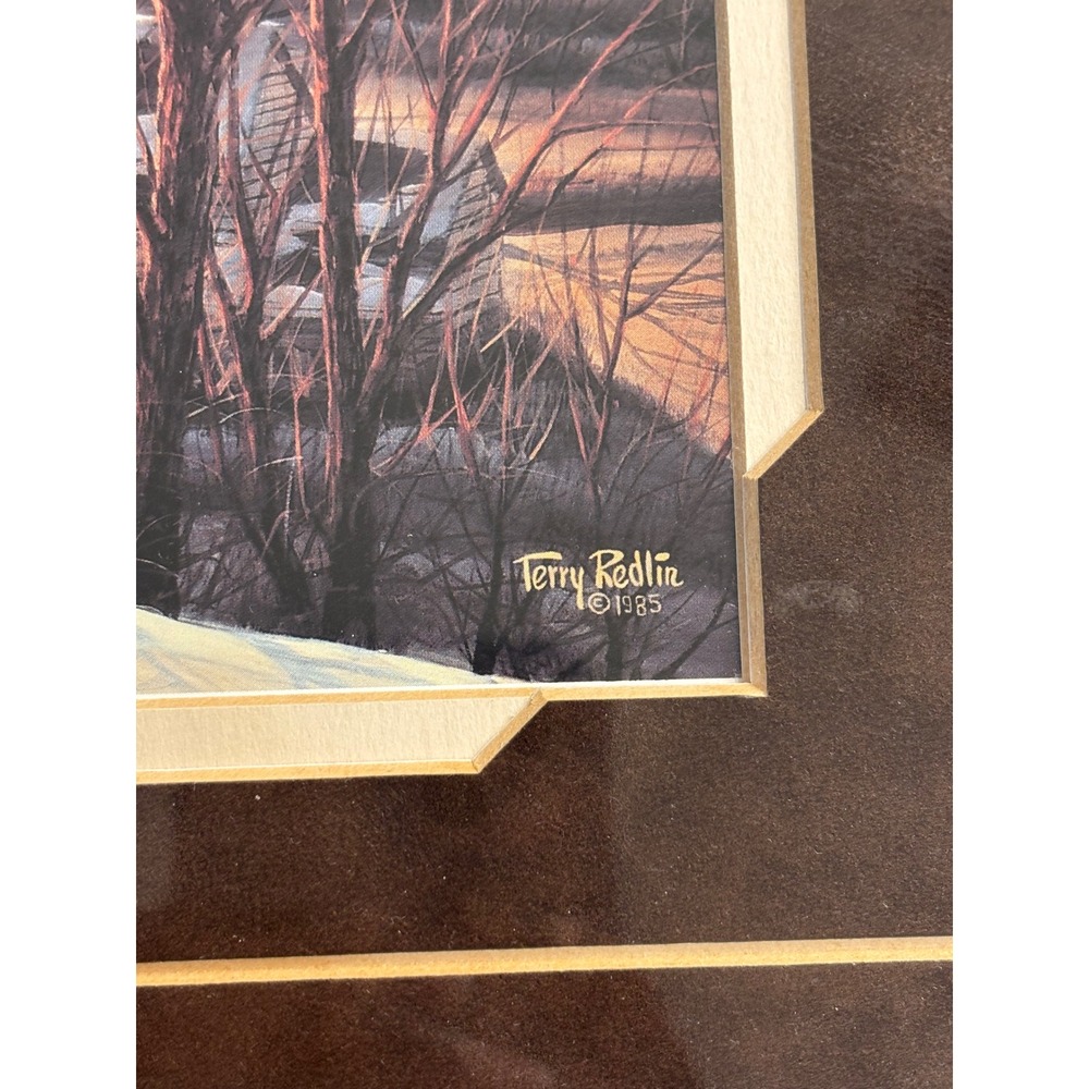 Terry Redlin "The Sharing Season" Print Winter Sunset Cabin Ducks 1985 24.5x17 - Picture 4 of 9